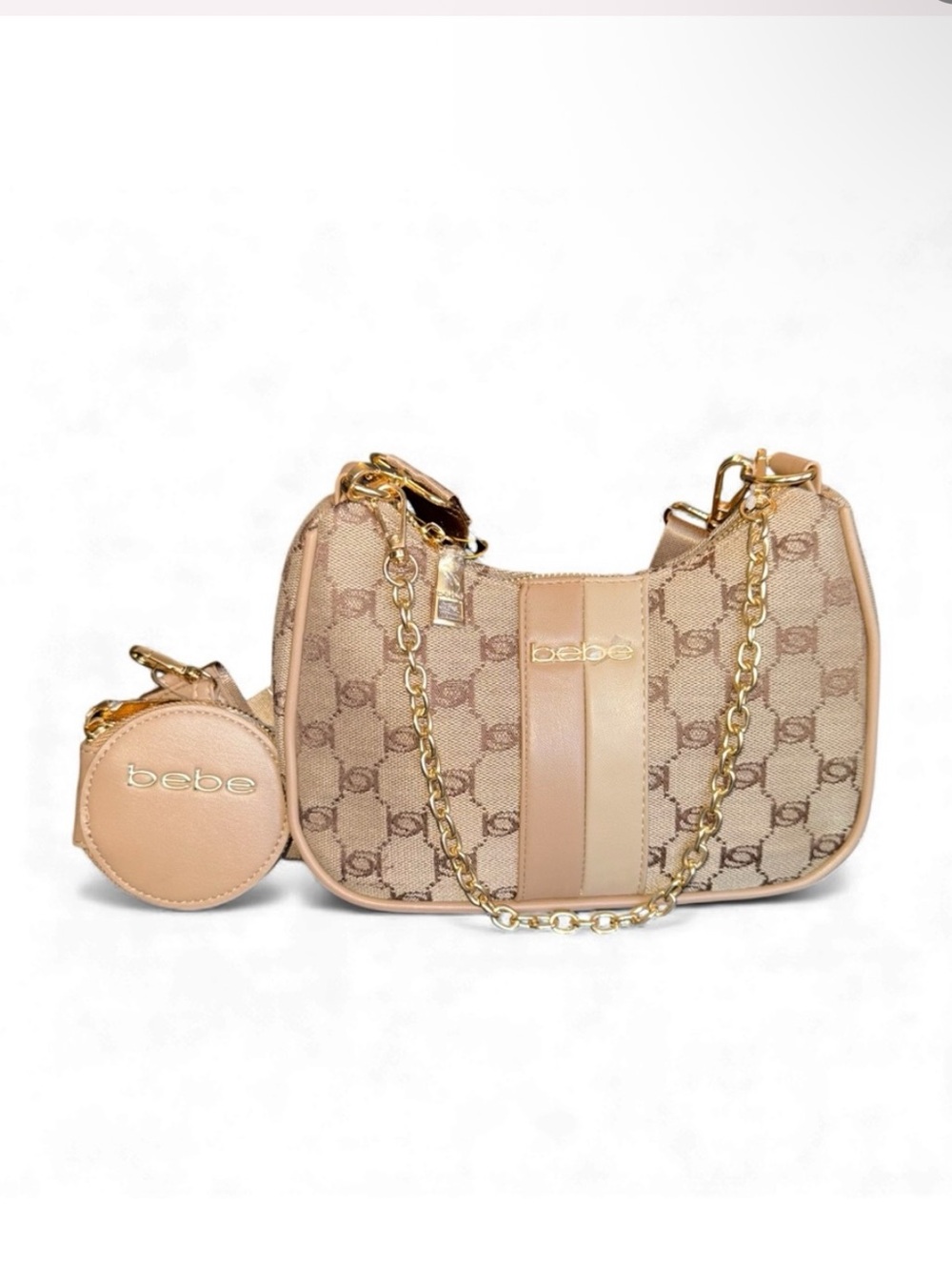 bebe Taupe Logo Chain Shoulder Bag with Coin Pouch